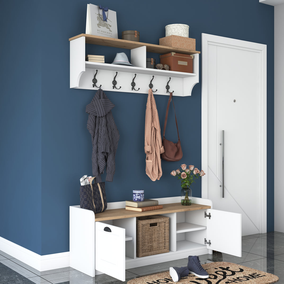 Rani P2 Modern Portmanto Ayakkabılık ve Duvar Askısı Vestiyer M1 Renk: Beyaz - Sepet Ceviz