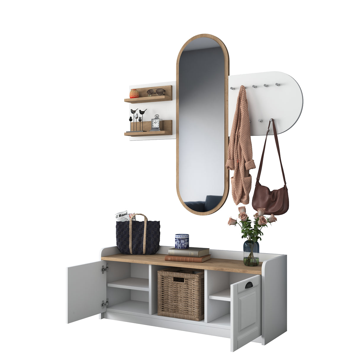 Rani EE101 Aynalı Vestiyer Modern Portmanto Duvar Askısı Ayakkabılık Renk: Beyaz - Sepet Ceviz