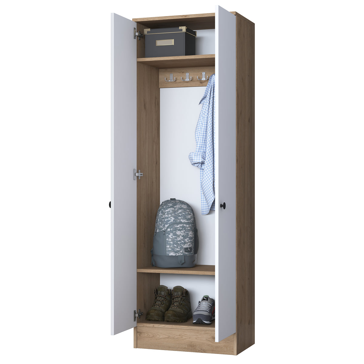 Rani P6 Modern Kapaklı Portmanto Askılık Vestiyer Sepet Ceviz - Beyaz M14