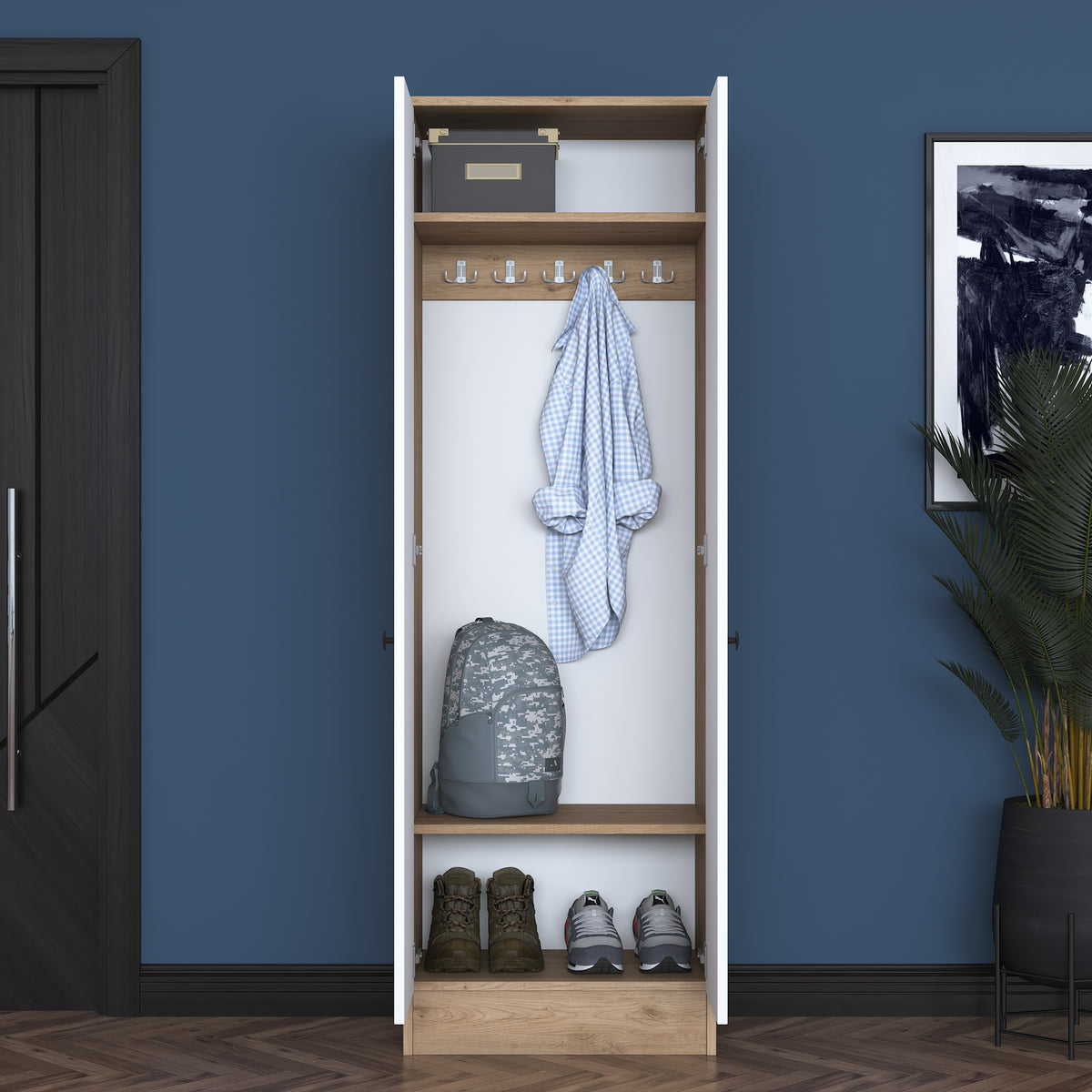 Rani P6 Modern Kapaklı Portmanto Askılık Vestiyer Sepet Ceviz - Beyaz M14