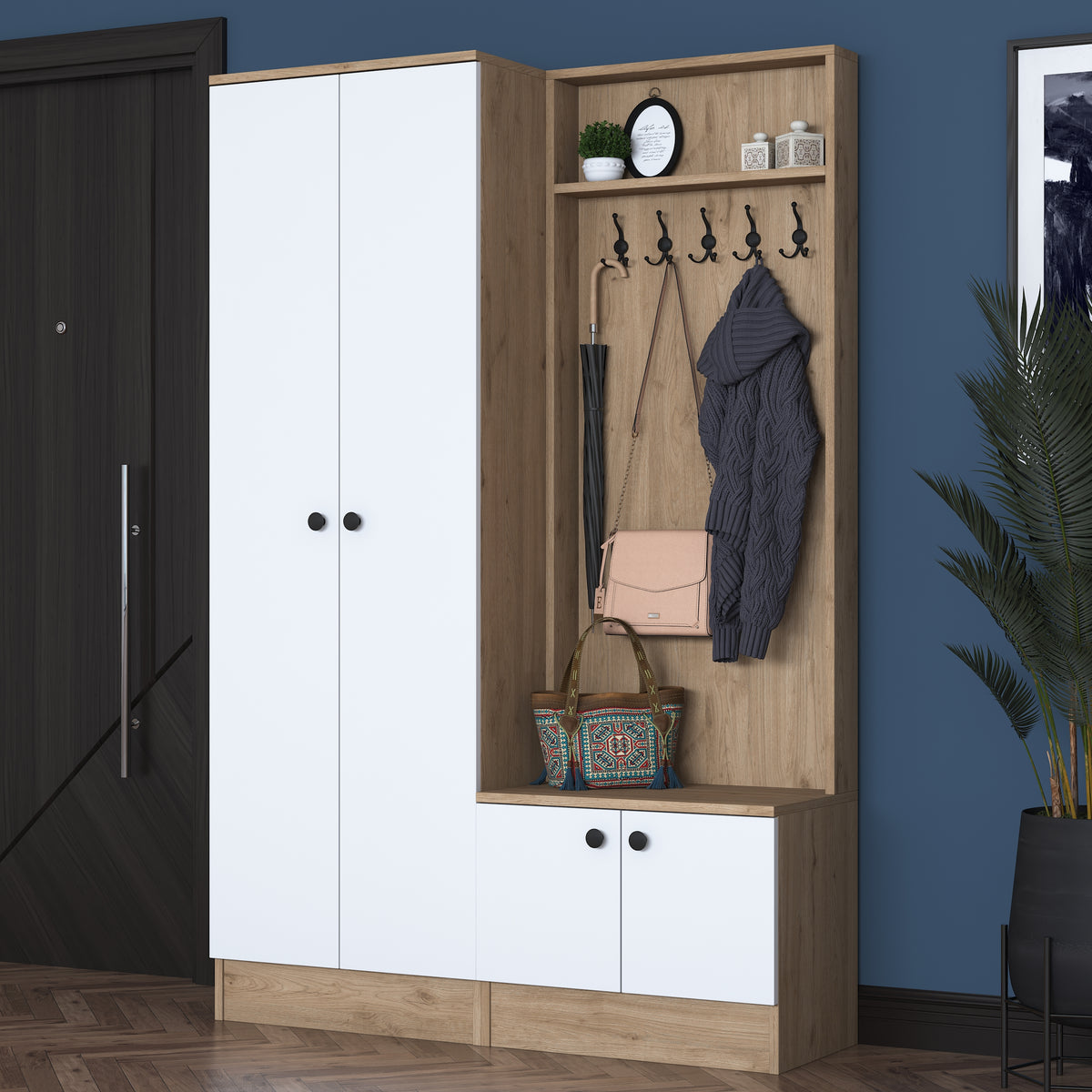 Rani P6 Modern Portmanto Ayakkabılık Vestiyer Sepet Ceviz - Beyaz M5