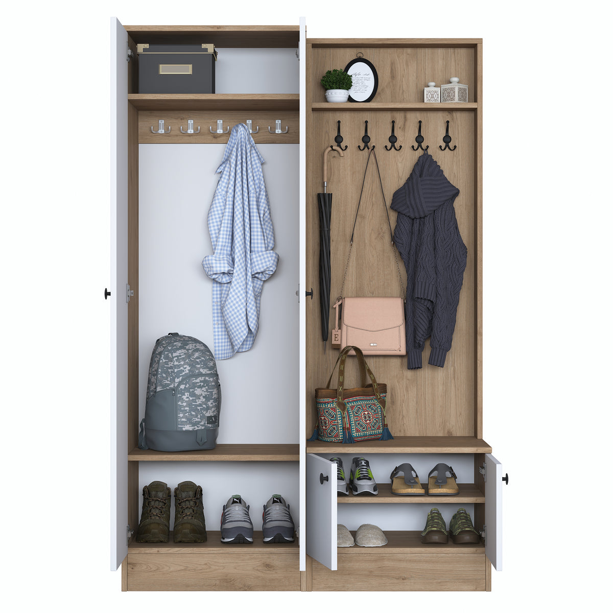 Rani P6 Modern Portmanto Ayakkabılık Vestiyer Sepet Ceviz - Beyaz M5