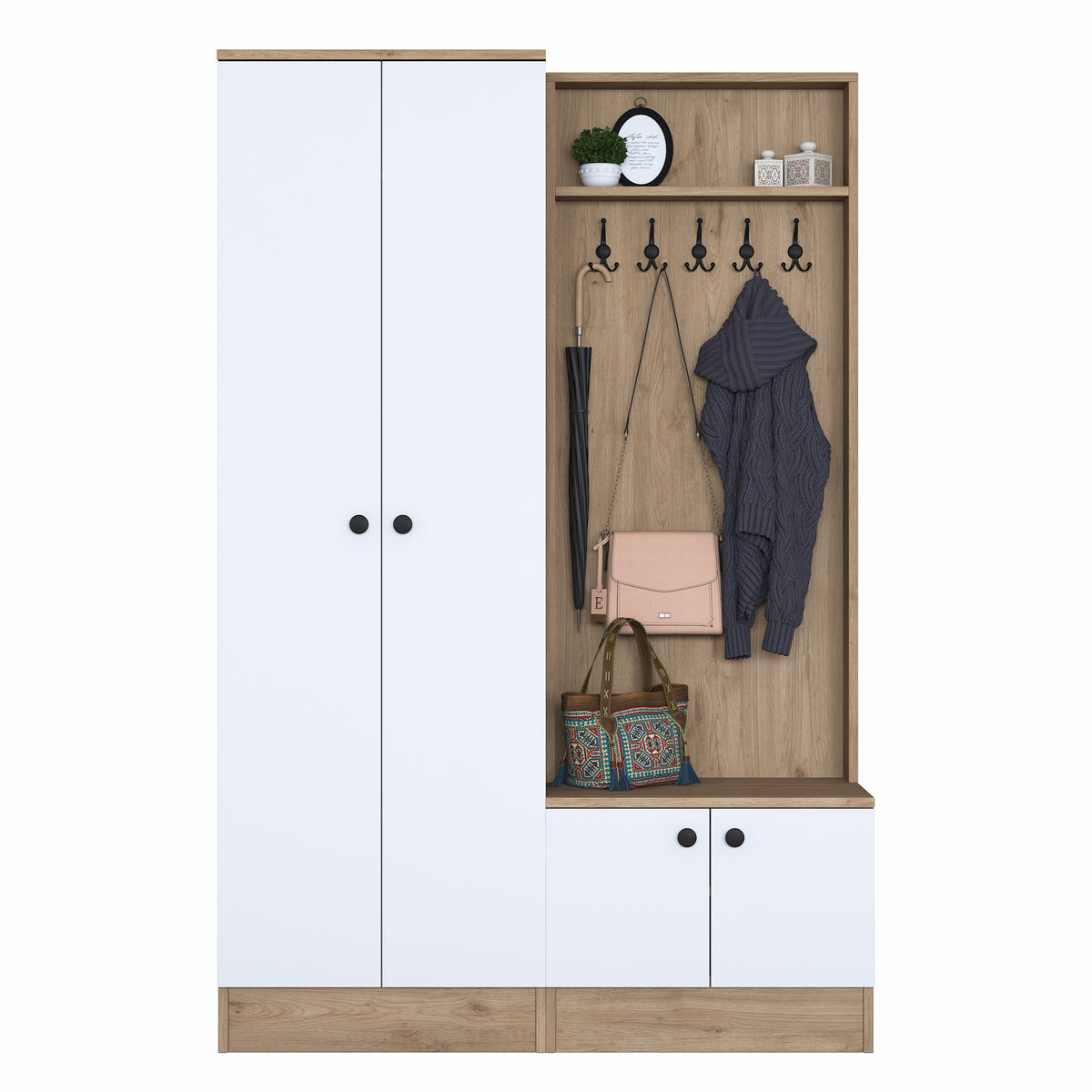 Rani P6 Modern Portmanto Ayakkabılık Vestiyer Sepet Ceviz - Beyaz M5