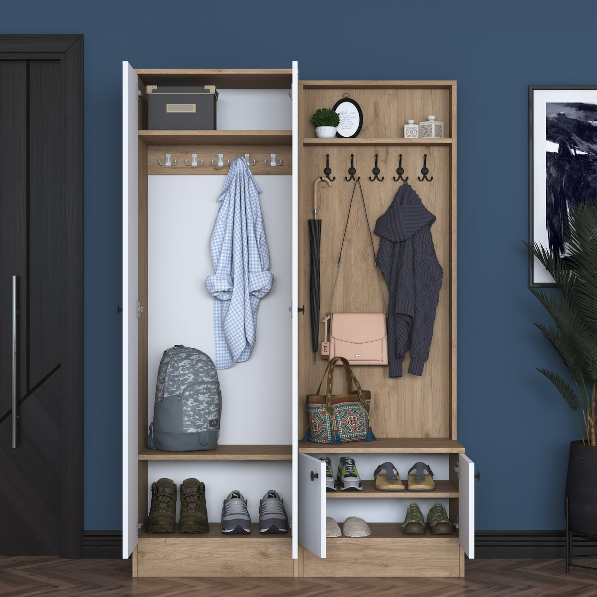 Rani P6 Modern Portmanto Ayakkabılık Vestiyer Sepet Ceviz - Beyaz M5