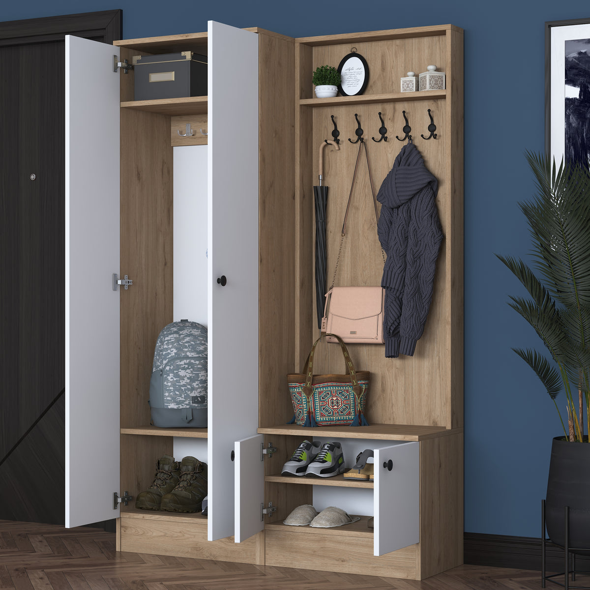 Rani P6 Modern Portmanto Ayakkabılık Vestiyer Sepet Ceviz - Beyaz M5