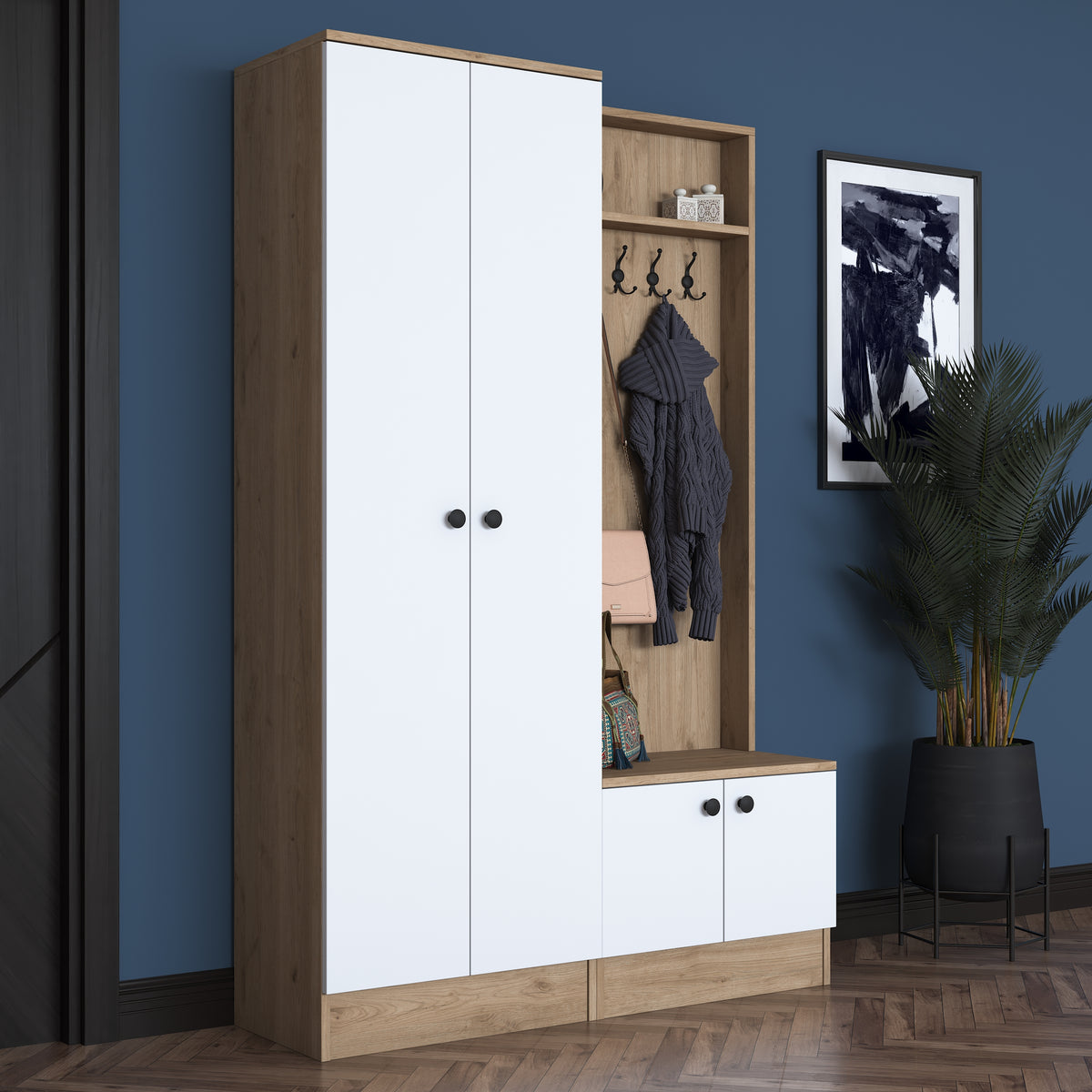 Rani P6 Modern Portmanto Ayakkabılık Vestiyer Sepet Ceviz - Beyaz M5