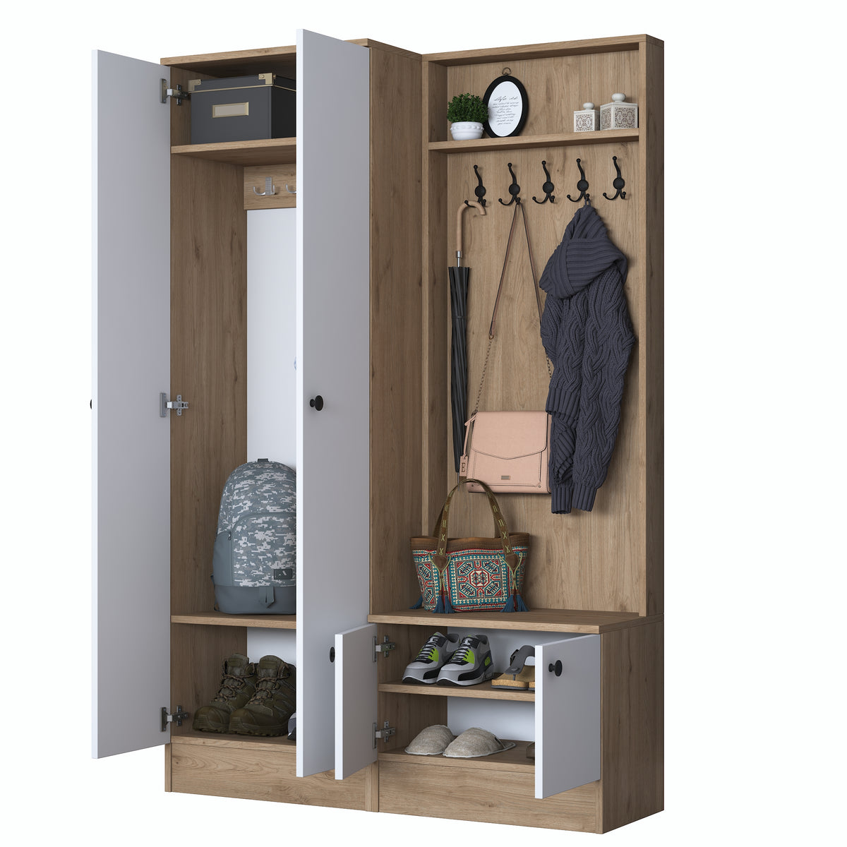 Rani P6 Modern Portmanto Ayakkabılık Vestiyer Sepet Ceviz - Beyaz M5