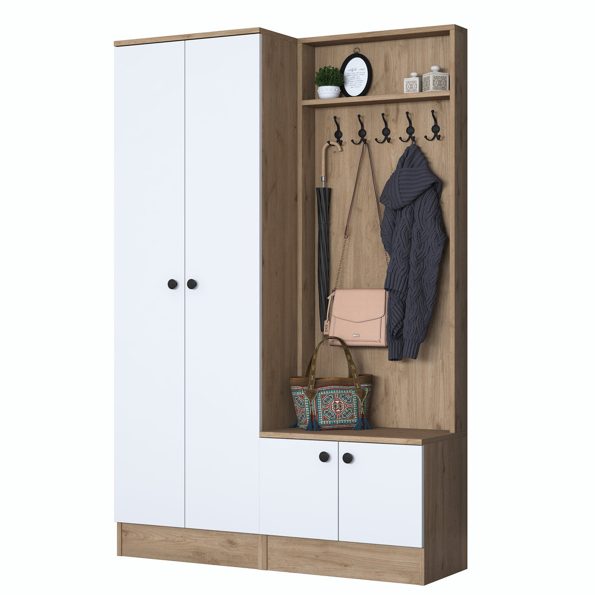 Rani P6 Modern Portmanto Ayakkabılık Vestiyer Sepet Ceviz - Beyaz M5
