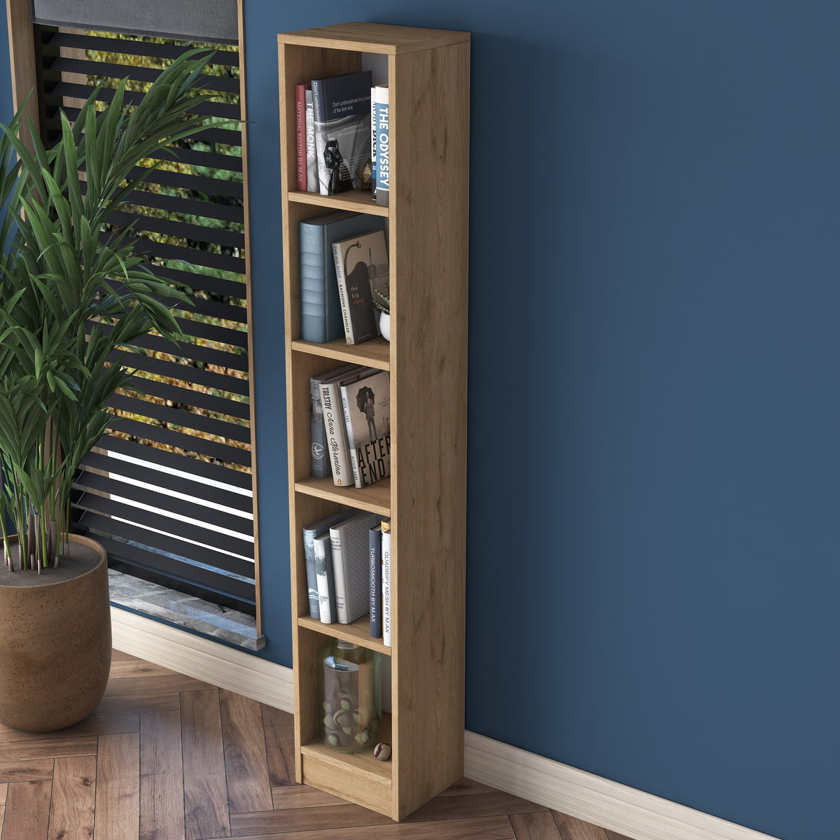 Rani HC114 Kitaplık 5 Raflı Çalışma Odası Kütüphane Modern Duvar Rafı Sepet Ceviz